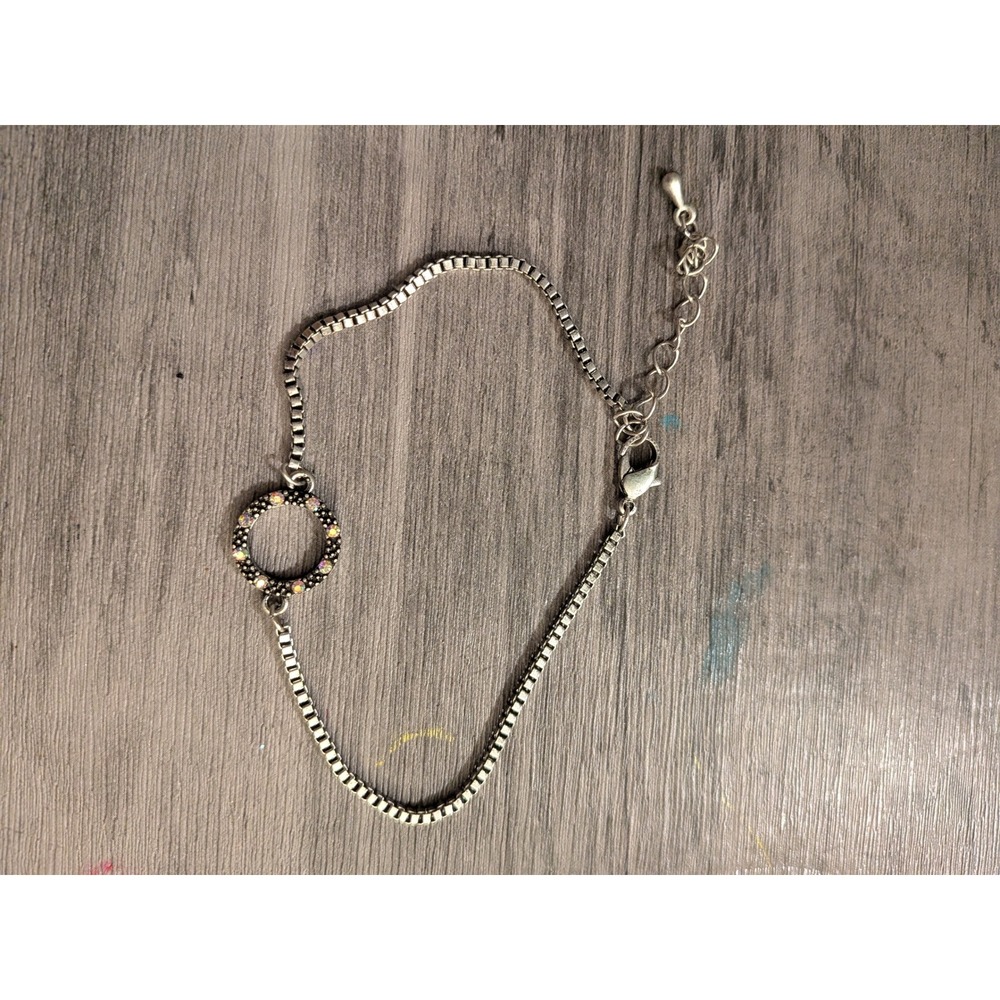 Silver Tone Box Chain Bracelet Iridescent Crystal Circle Charm